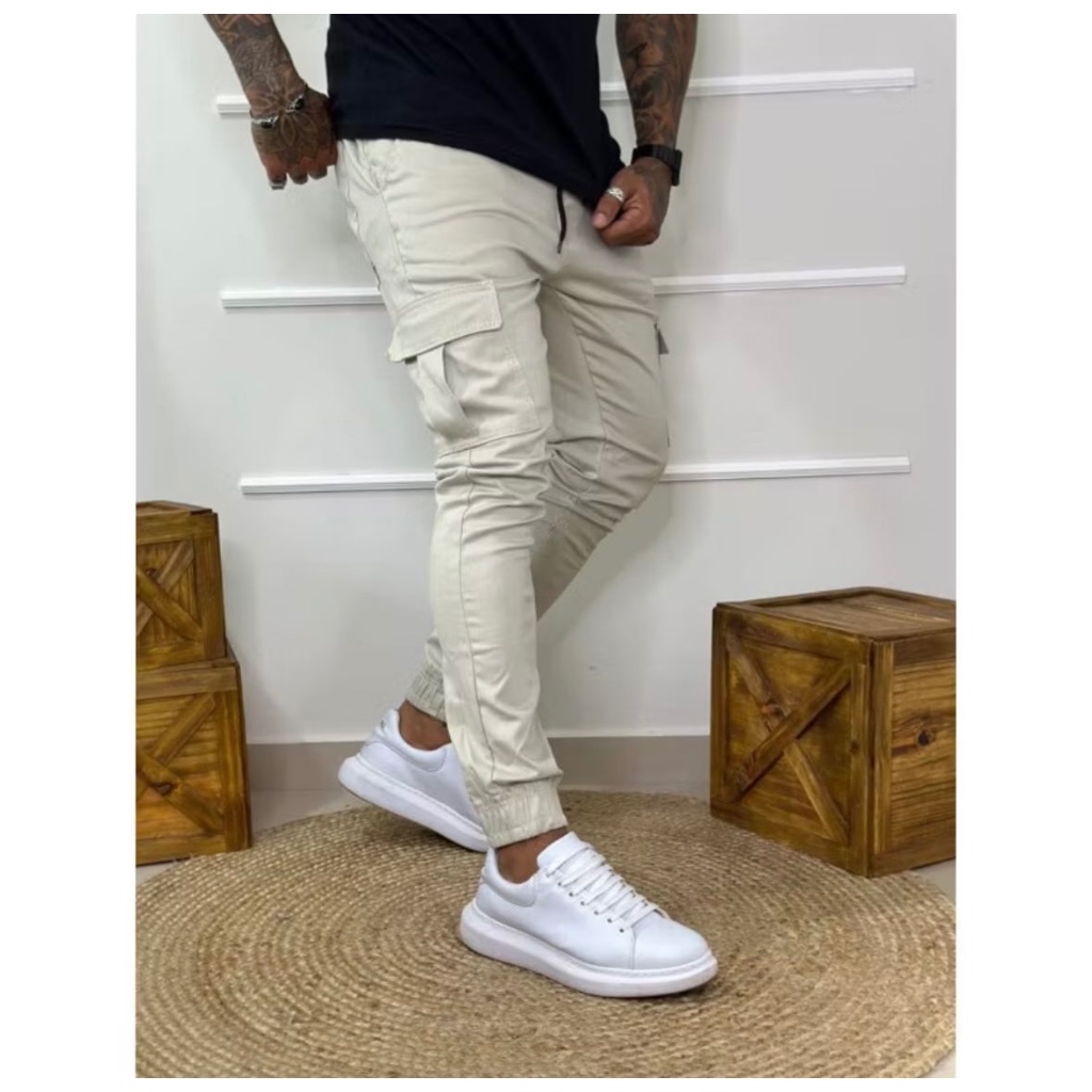 Calça Cargo jeans e sarja Larga Masculina Skate Caqui 6 Bolsos Fechamento Cordão