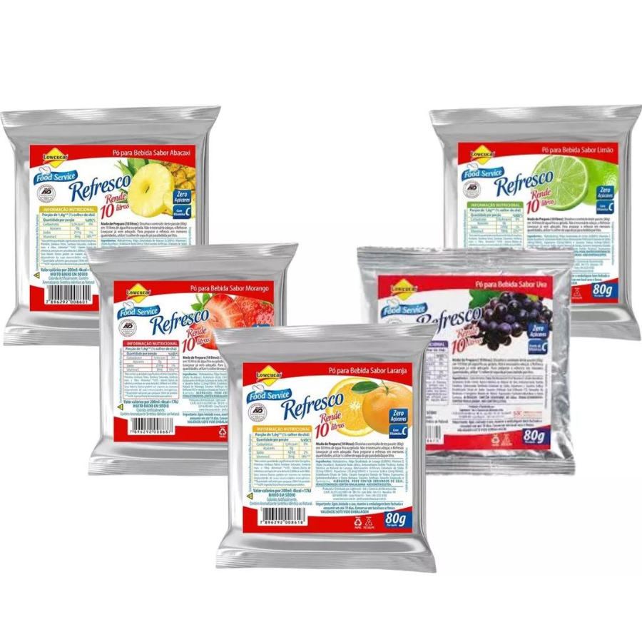 5 Suco Zero Açúcar Lowçucar Suqueira 80g Sabores Sortidos Rende 10 Litros Cada