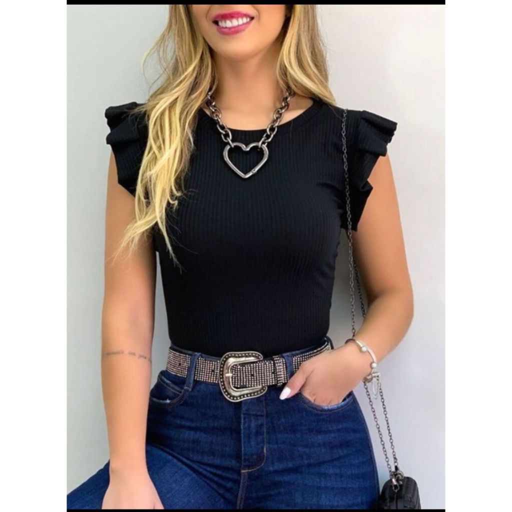 Blusa Feminina Girassol Canelado Manga Redondo Babados Blogueira Tendencia Moda