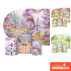 Capa Cilindro + Painel de Festa Jardim Encantado Decoração Em Tecido Sublimado