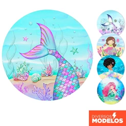 Painel Redondo Sereia Fundo do Mar Em Tecido 1,50m Com Elástico para Decoração Festas