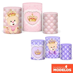 Capa Cilindro Festa Realeza Ursinha Decoração Aniversário Veste Fácil Em Tecido Com Elástico