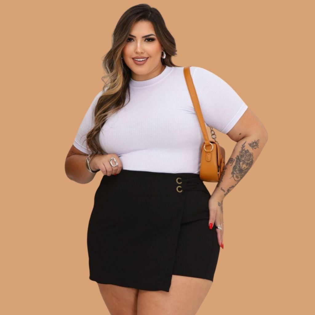 Shorts Saia Social Feminino Plus Size Moda Elegante Detalhes Ilhos - Women Clothes