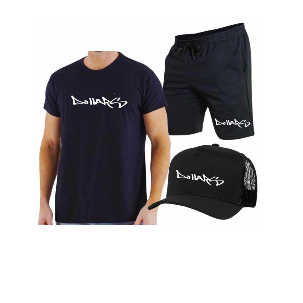 Kit Camiseta Algodão + Bermuda Moletom Boné Unissex Short Camisa