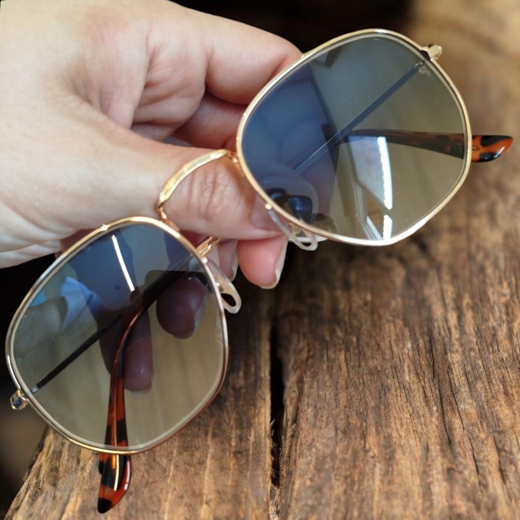 Óculos de Sol Hexagonal Variedade de Cores Lentes Cristal Proteção UV Metal Clássico