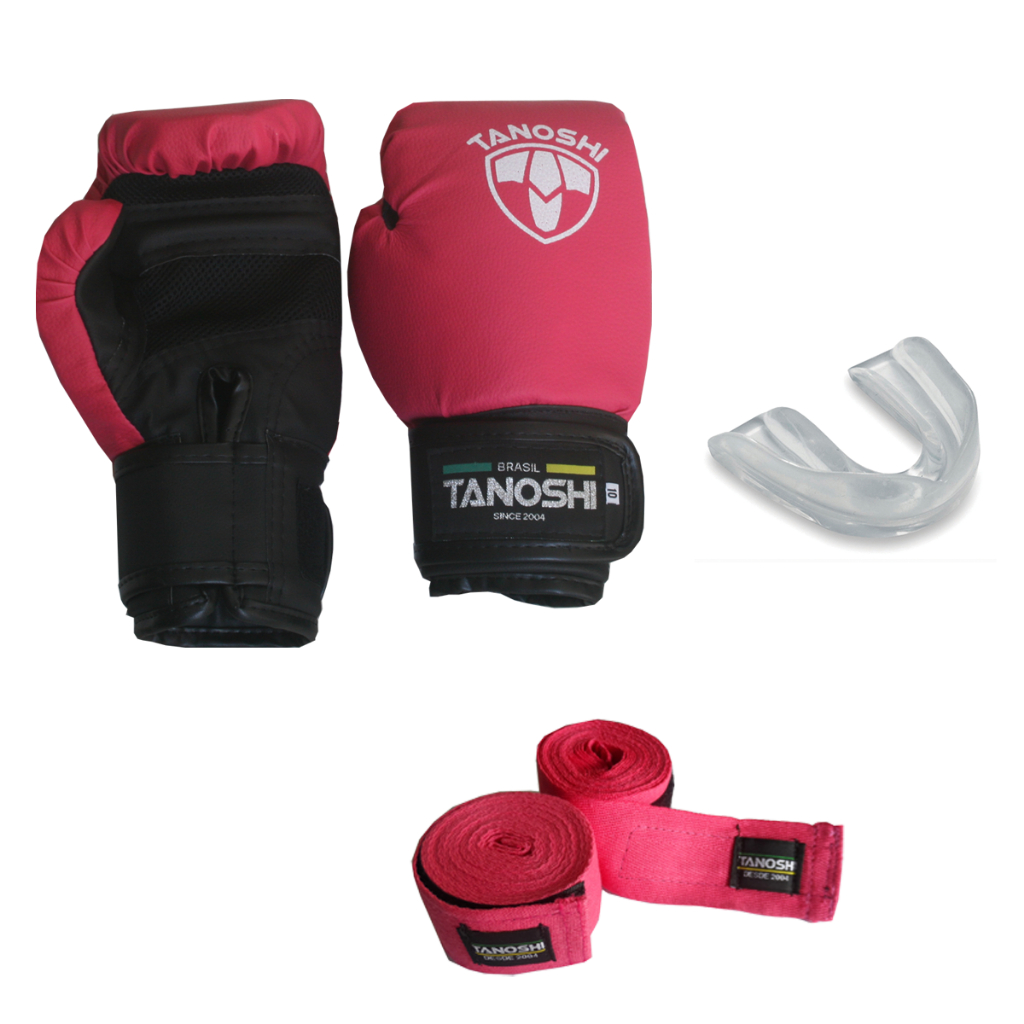 Kit KNG Pink Rosa Luva Boxe + bandagem + bucal para MuayThai Sanda Kick luta