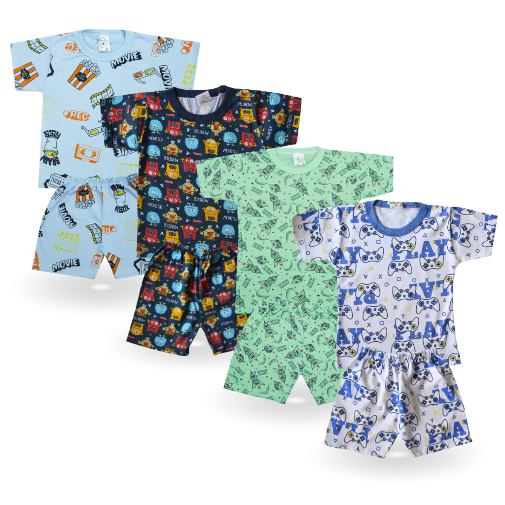 KIT 4 Pijama Infantil Menino a Juvenil 1-16 anos - Conjunto Camiseta e Bermuda - MM Verão Masculino