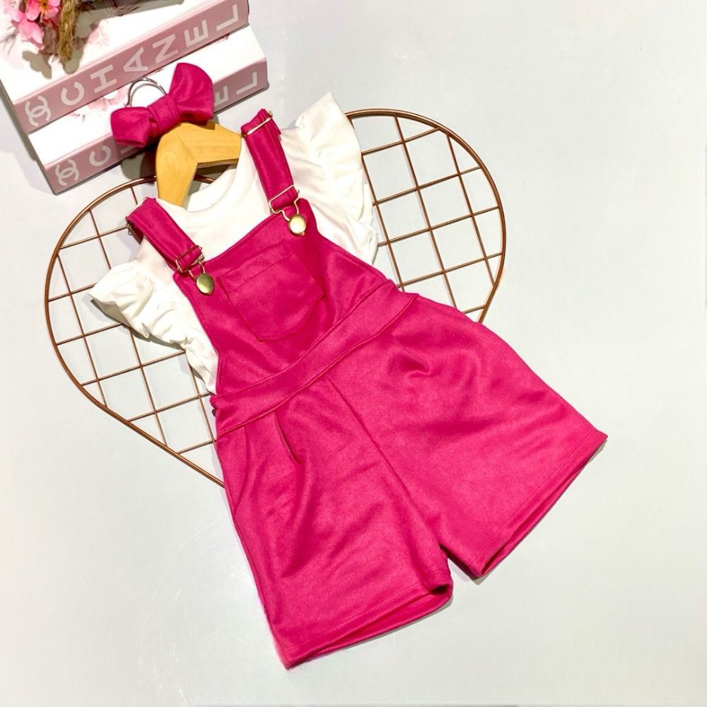 Macaquinho Feminino Jardineira Infantil + Blusa Malha Canelada Babado + Laço Blogueirinha