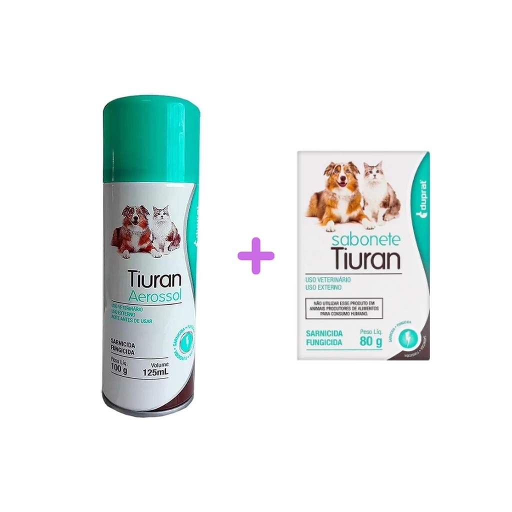 Tiuran Aerossol 125ml + Sabonete Duprat Sarnicida e Fungicida Remédio para Sarna de Cachorro e Gato