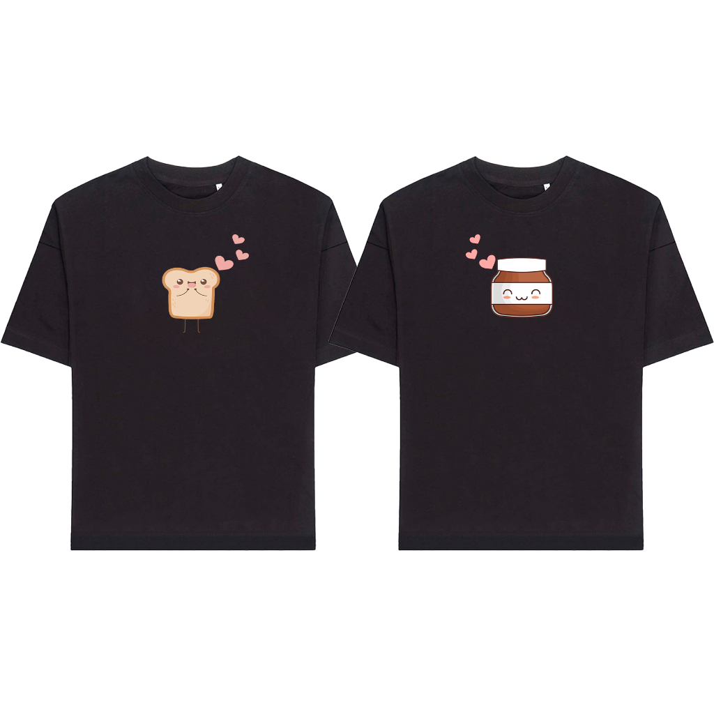 Camisetas Para Namorados Algodão Unissex, Estilo Streetwear Oversized Metadinha Feminino Masculino Pão e Nutella
