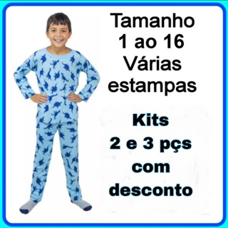 1, 2 ou 3 Pijama Infantil Manga Longa Menino Masculino Malha 100% Algodão 1 ao 16 Mafessoni em Oferta na Shopee