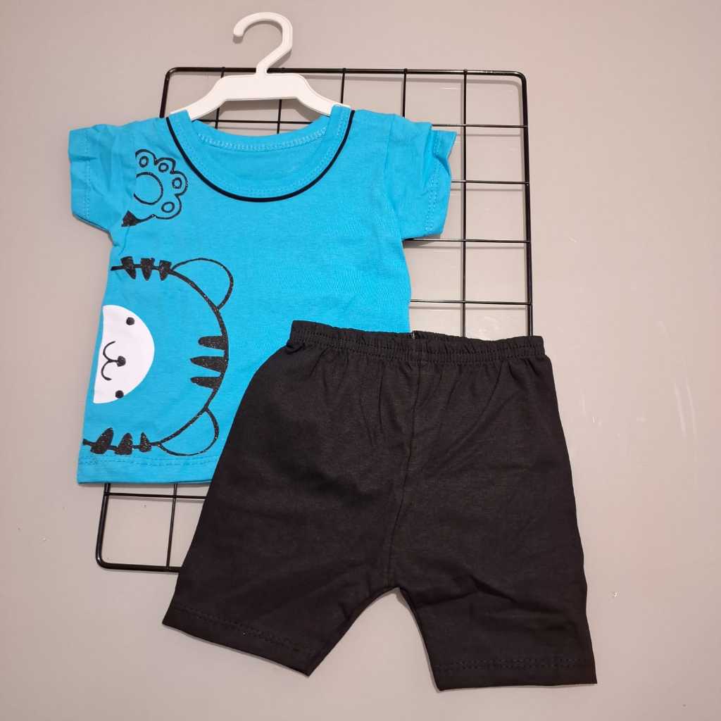 Conjunto Bebê Masculino Gatinho Camisa e Short Fresco Confortável Malha 2-4 meses