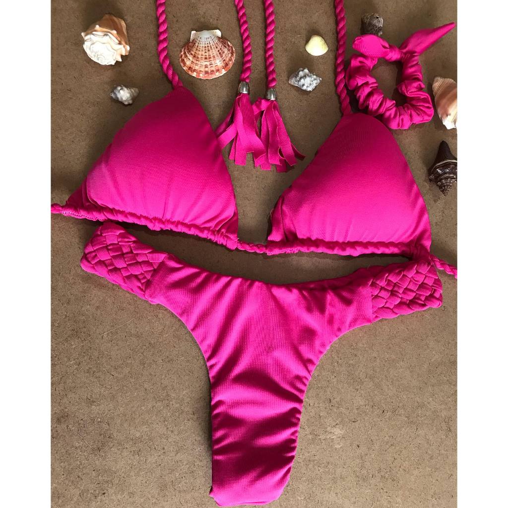 Biquíni cortininha com calcinha trança - rosa pink - semi fio