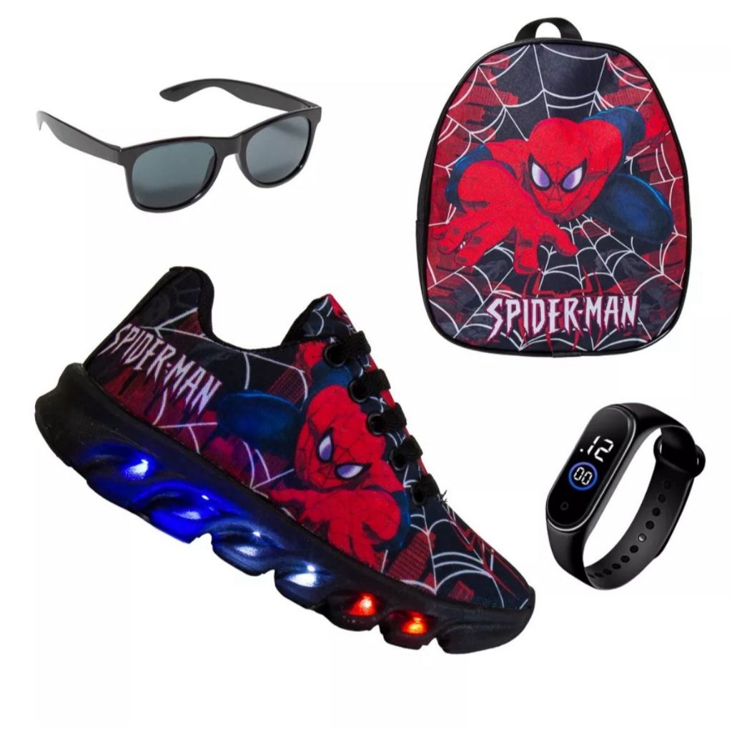 Kit Tênis Led Infantil Aranha Preto Meninos Com Luzes Óculos + Relógio + Mochila