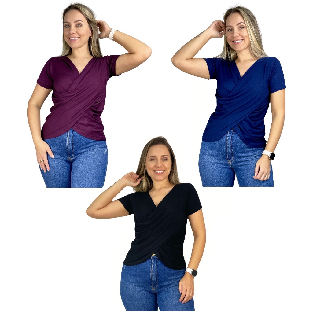 Kit 3 Blusa Transpassada Amamentação Diversas Cores Viscolycra Premium Manga Curta Roupa Maternidade em Oferta na Shopee