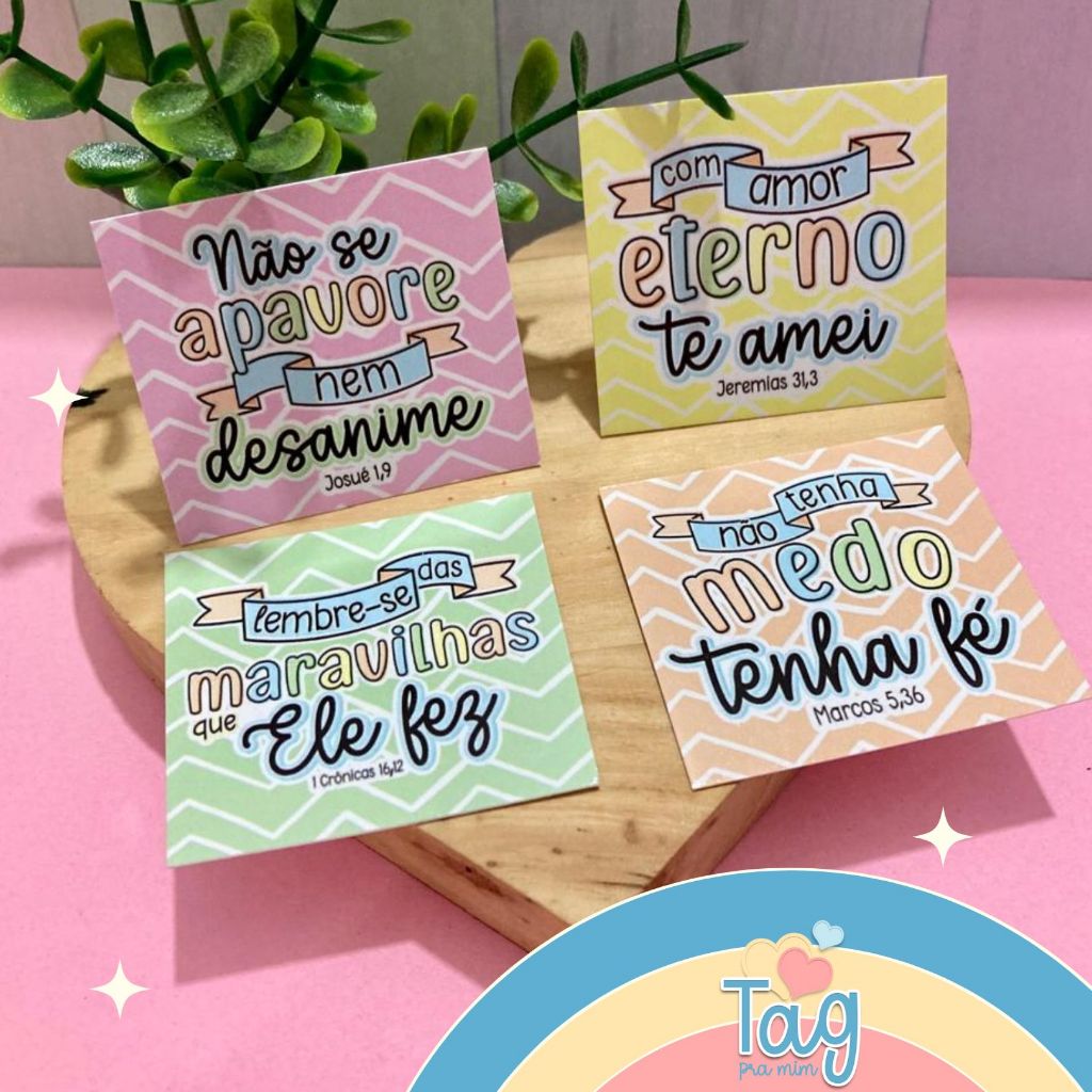 Kit com 100 Mini Cartões Versículos Bíblicos 2 - Tags Religiosas - Frases Bíblicas - 5cm x 4,5cm - Pronta entrega