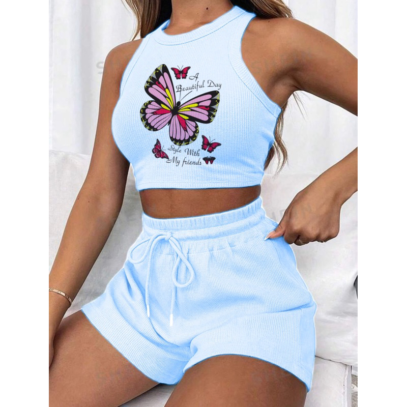 Conjunto cropped e short canelado 3D Feminino