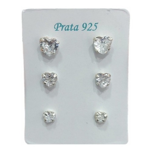 Kit Trio Pares de Brinco Feminino Prata 925 Zircônia Ponto de Luz com Tarraxas