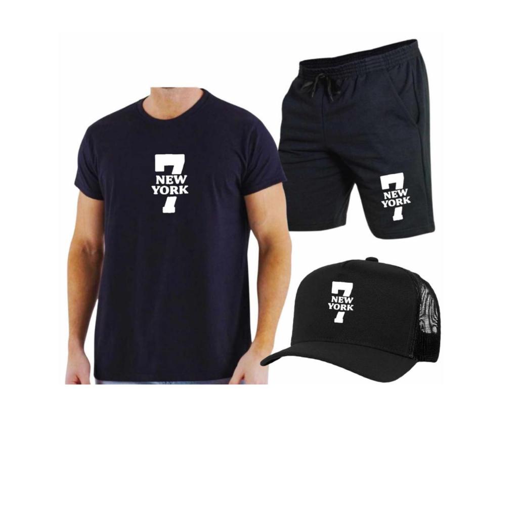 Kit Camiseta Algodão + Bermuda Moletom 7 New York Short Camisa Boné