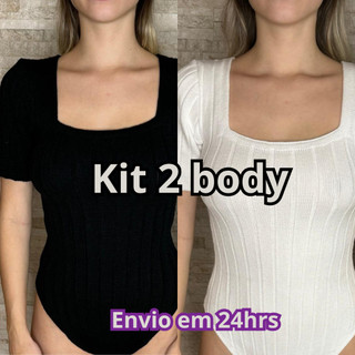 Kit 2 Body decote quadrado tricot modal manga curta preto branco nude