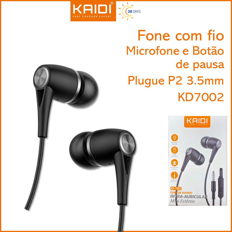 Fone de ouvido com fio intra auricular para P2 3.5mm Microfone e Botão de pausa KAIDI KD-7002