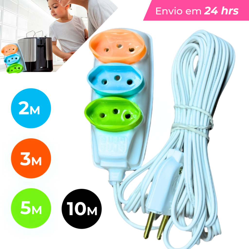 Extensão Elétrica 2/3/5/10 (METROS) Bivolt - Tomadas Tripolares Coloridas COR BRANCA em Oferta na Shopee