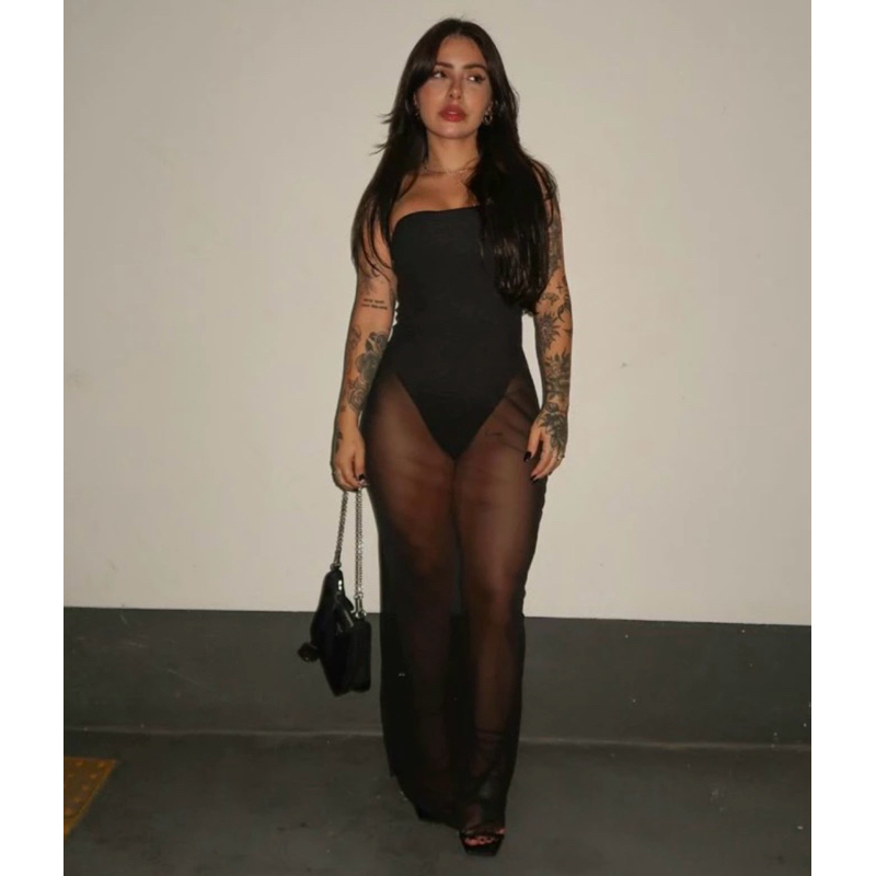 vestido longo de tule com uma leve transparência com body /  bory ( GIGI ) em Oferta na Shopee