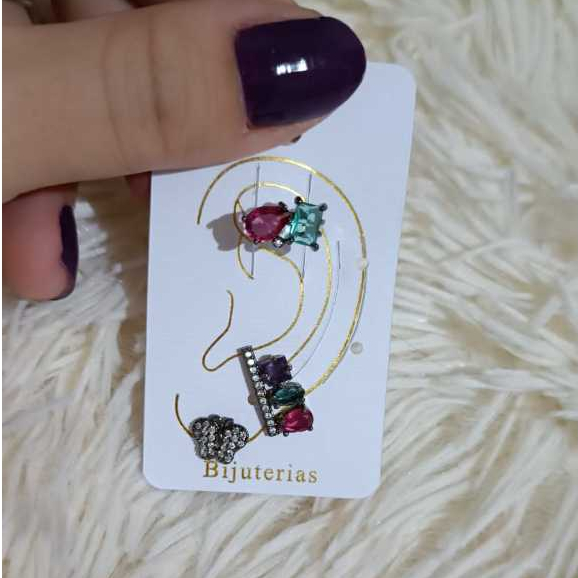 Brinco KIT EarCuff Pedras Riviera Strass Borboleta- Piercing Fake Segundo Furo e Pressão Feminino