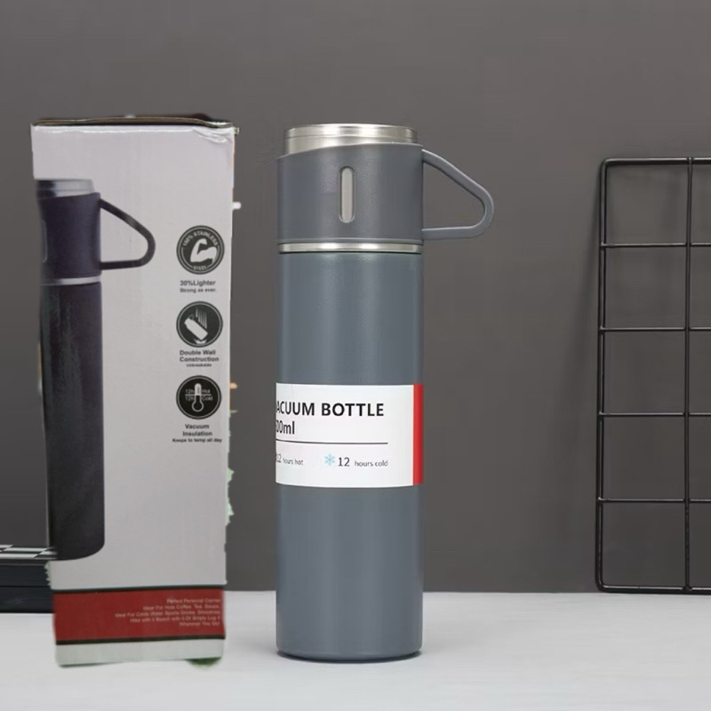 caneca Kit Garrafa Térmica Vacuum Bottle Inox 500ml 1 OU 3 Xícaras Bebidas Fria ou Quente