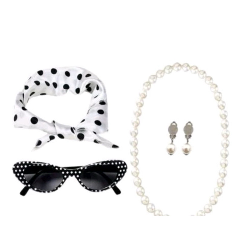 Kit fantasia anos 50 / 60/ 80 lenço de bolinha e acessórios, 1 óculos 1 colar de bolinhas 1 par de brincos bolinhas