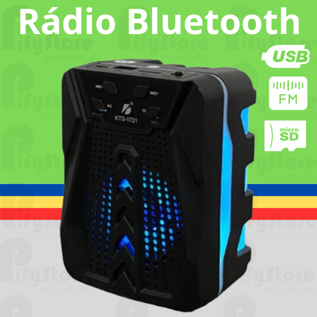 Caixa de Som Portátil Bluetooth com LED / Rádio FM, conexão USB e SD / KTS- 1721