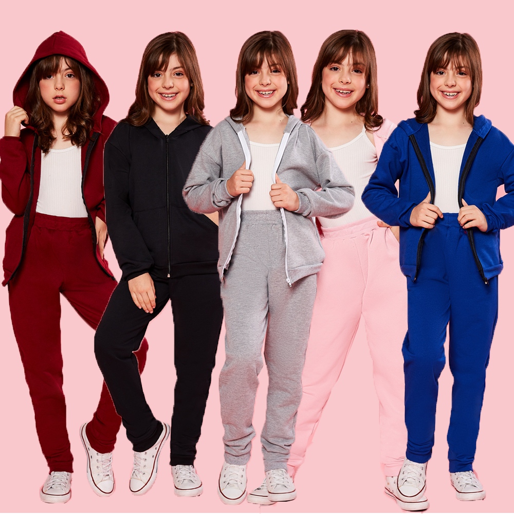 Conjunto Infantil Menina Abrigo Agasalho Uniforme Moletom Infantil Cinza Blusa E Calça Cinza rosa pink azul preto vinho