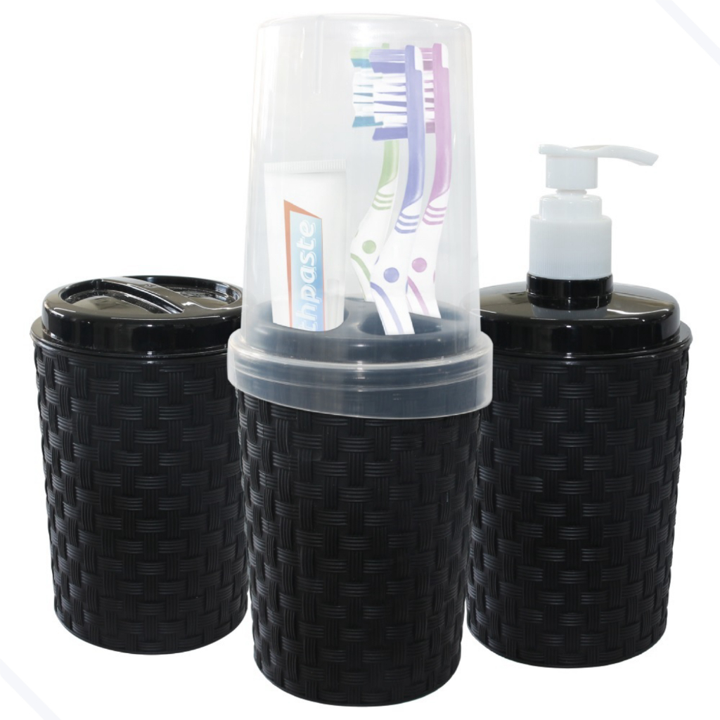 Kit Banheiro Lavabo Porta Sabonete Líquido Rattan Plástico 3 Peças Kit Toalete Delta Útil em Oferta na Shopee