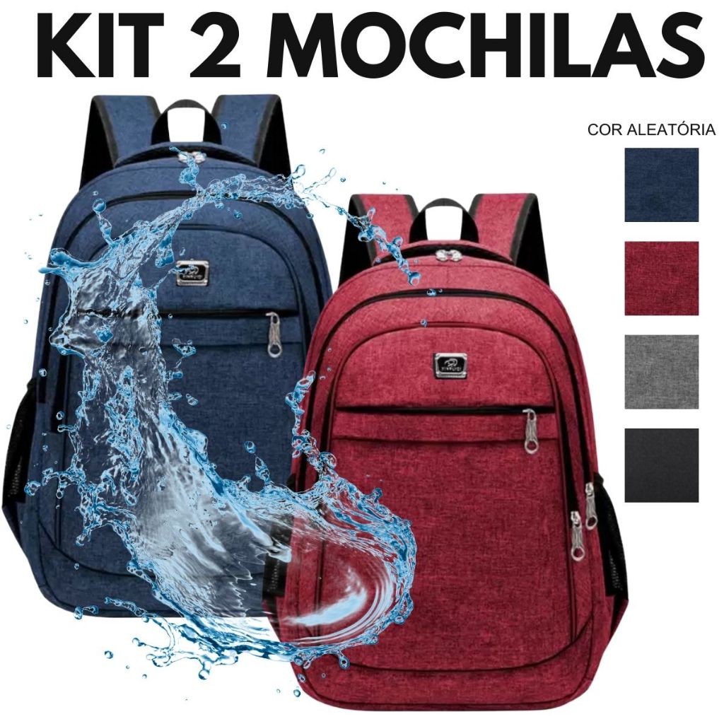 Kit 2 Mochila Unissex Impermeável Resistente Água para Viagem Escola Cores