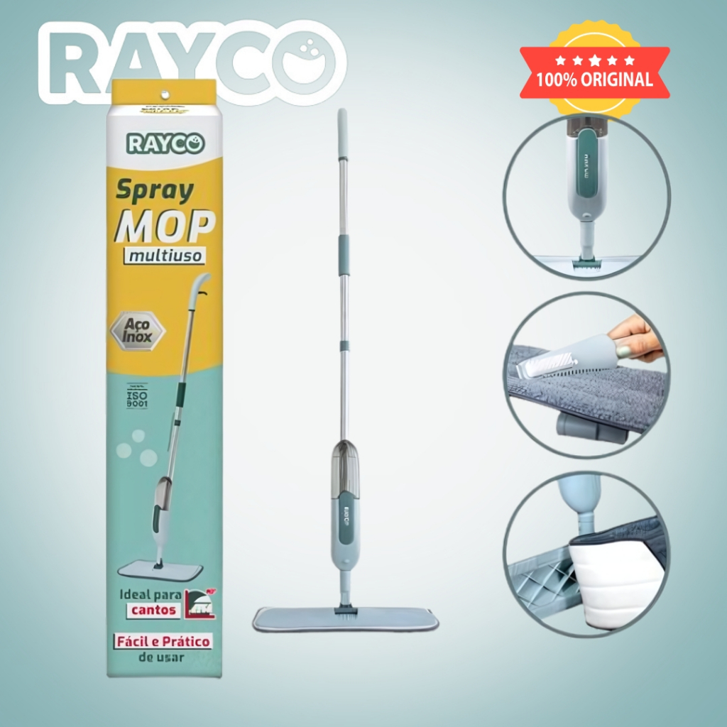Rodo Mop Spray Rayco Multiuso Com Refil Microfibra Rodo Em Cabo De Aço Inox