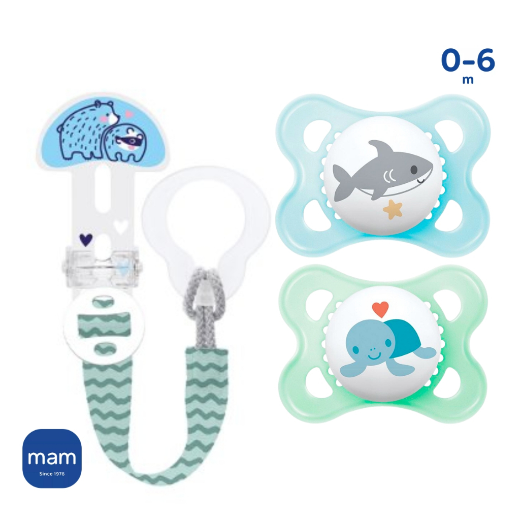 Chupeta e Prendedor MAM Menino 0-6 meses Dupla e Prendedor MAM com Estojo Clip IT!& Cover Bico Silicone
