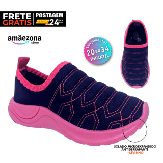 Tênis sem cadarço infantil calce fácil meia slip on feminino menina Marinho e Pink Sola antiderrapante Bordado sola colorida macia e confortável em Oferta na Shopee