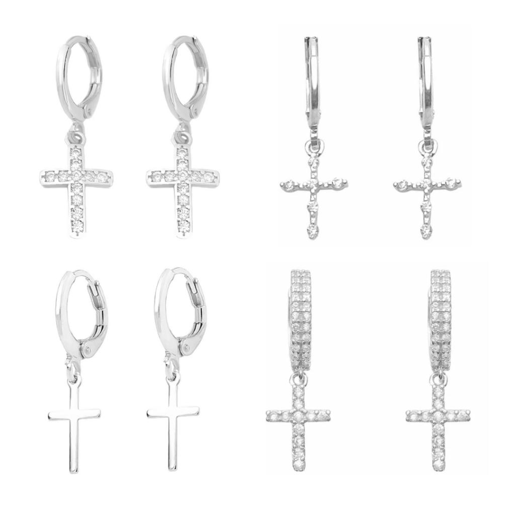 Brinco Masculino de Cruz Cravejada Diamante de Zircônia P Banho de Prata 925 Banhado