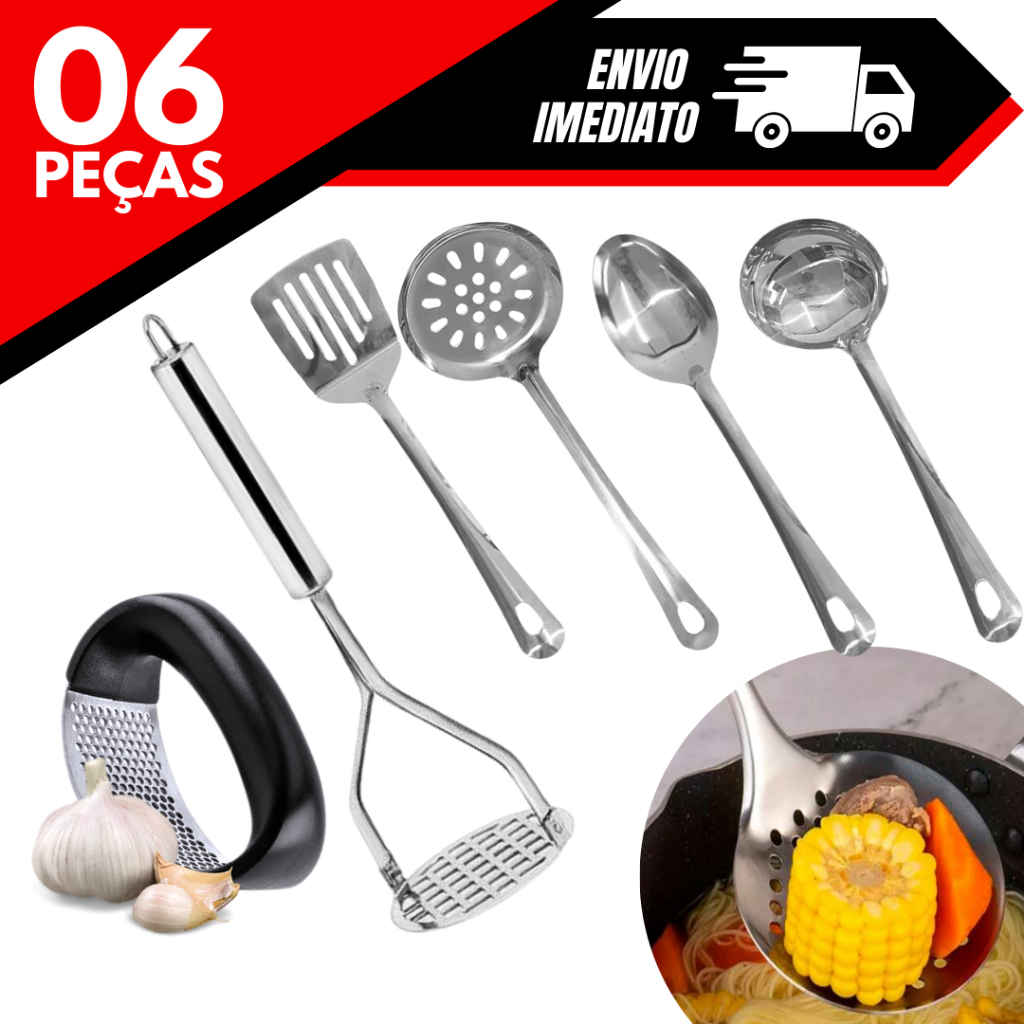 Espatula Concha Colher Escumadeira Cozinha Completa+ Amassador Batata+ Alho Cozinha 6 Peças INOX