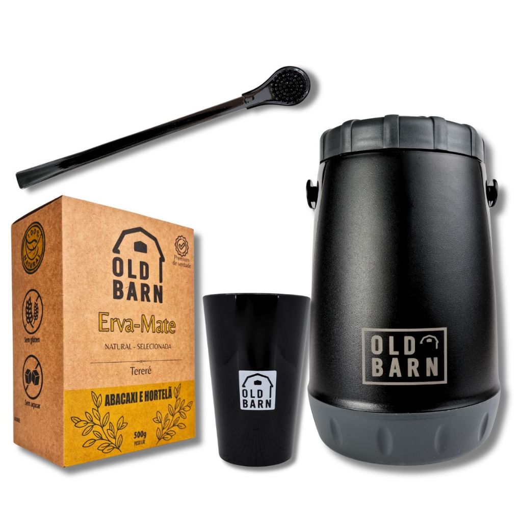 Kit Tereré Completo Old Barn Garrafa Térmica 2,5L Copo Acrílico Bomba Lisa Cor Black Erva Mate 500g Premium