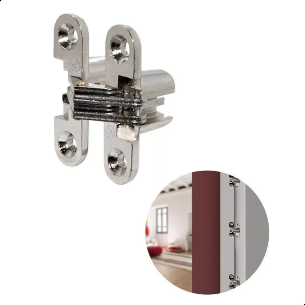 Dobradiça Invisível Cromada 45x12mm Hardt para Portas Móveis - Unidade + Parafusos