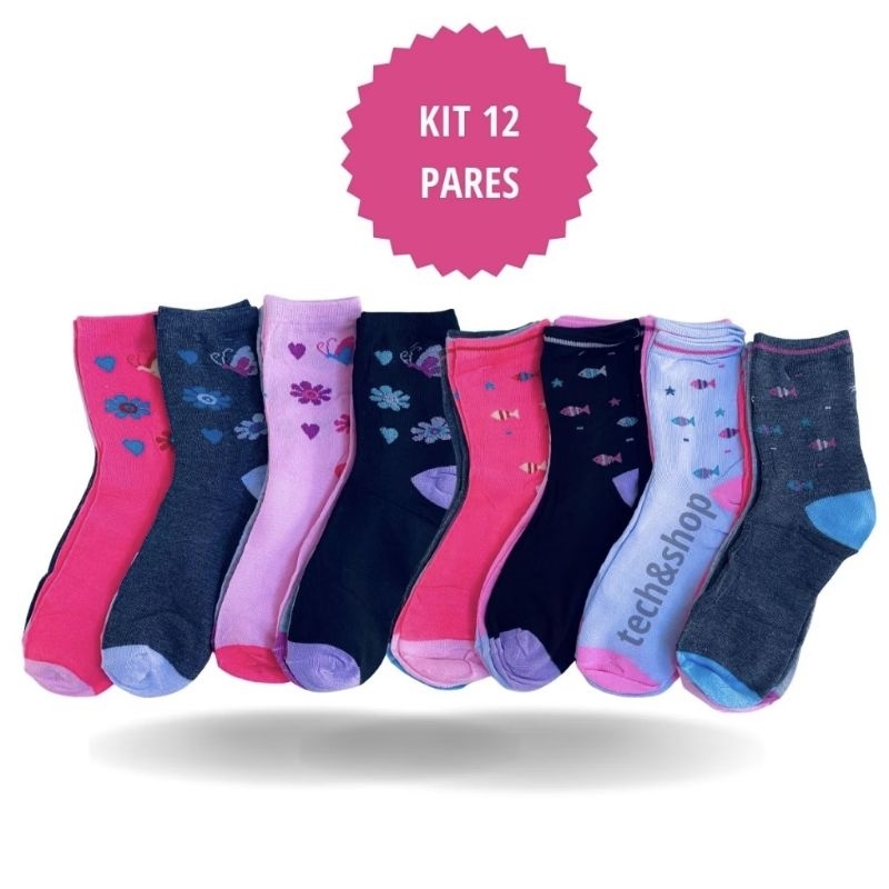 Kit 6/12 Pares Cano Alto Feminino Estampado Adulto e Juvenil em Oferta na Shopee