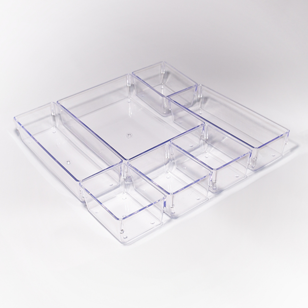 Kit com 7 Organizadores Acrílico Cristal Modular Para Geladeiras Gavetas e Maquiagens