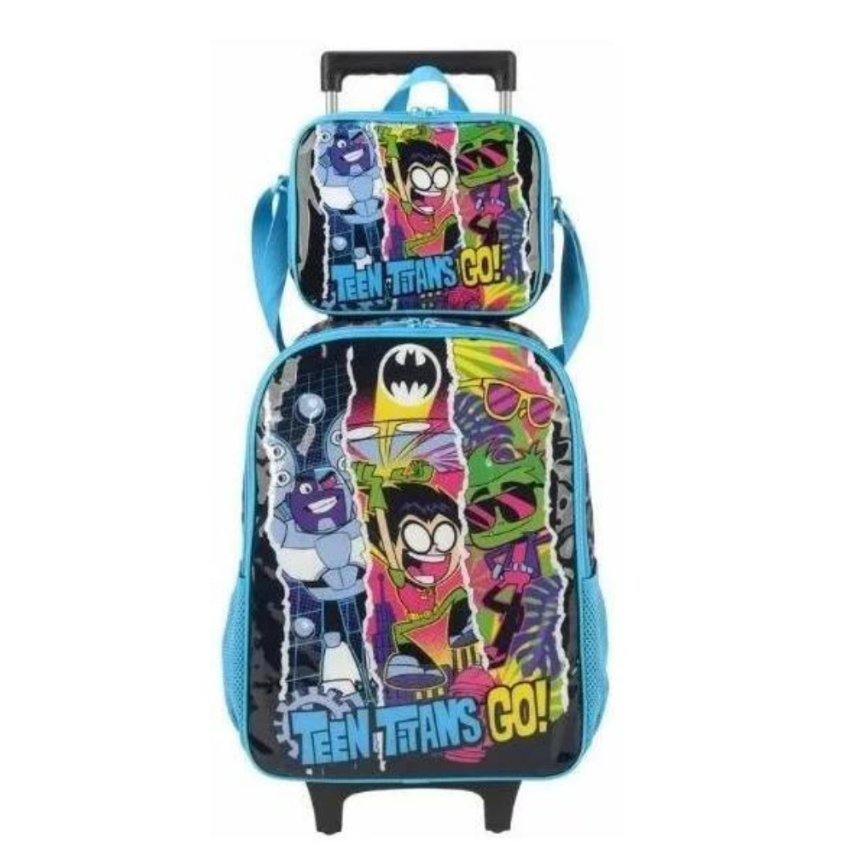Kit Mochila c/ Rodinhas Infantil Escolar  + lancheira Teen Titans azul
