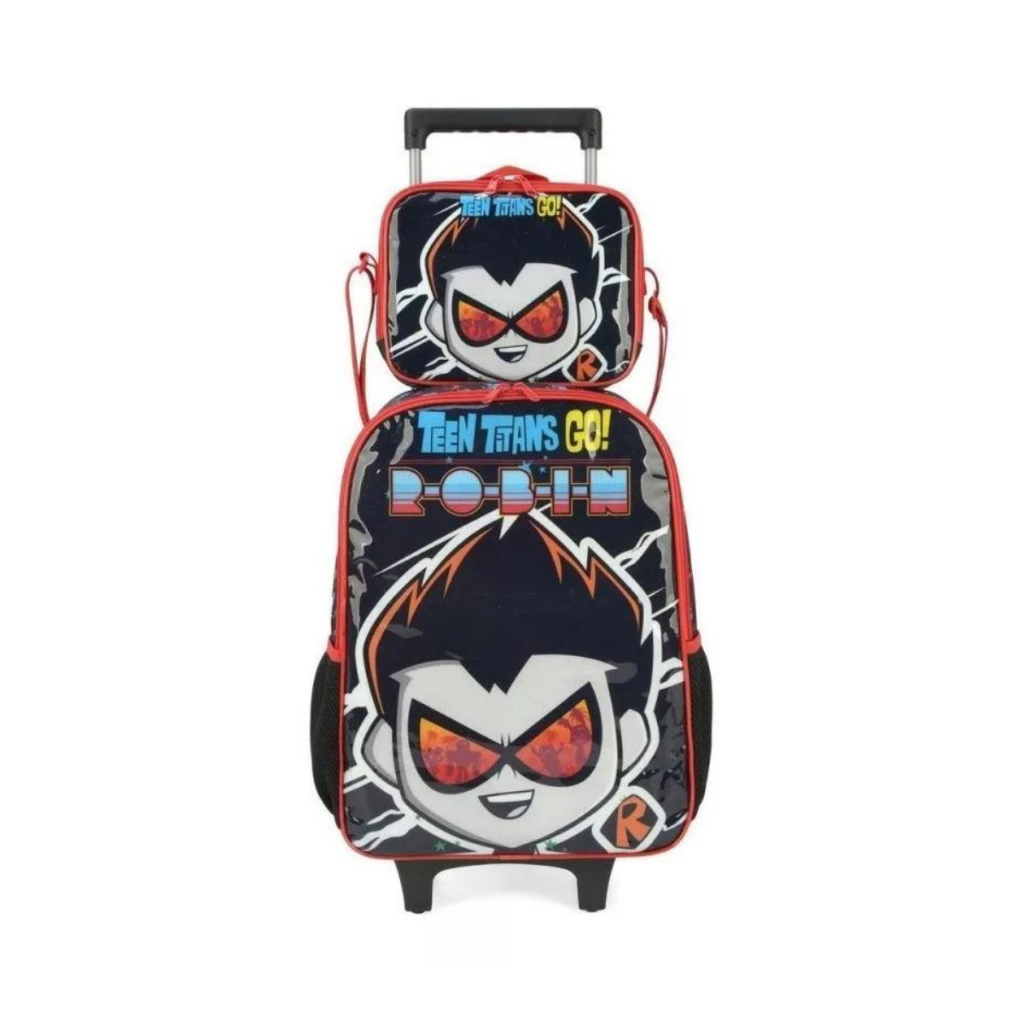 Kit Mochila c/ Rodinhas Infantil Escolar  + lancheira Teen Titans vermelha