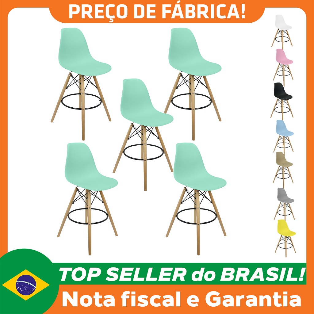 Kit 5 Banquetas Charles Eames Eiffel Wood Design Base Fixa Madeira