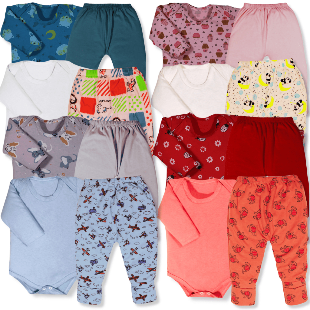 Kit 8 Pçs Body Bebe Estampado E Mijão Liso Menino E Menina