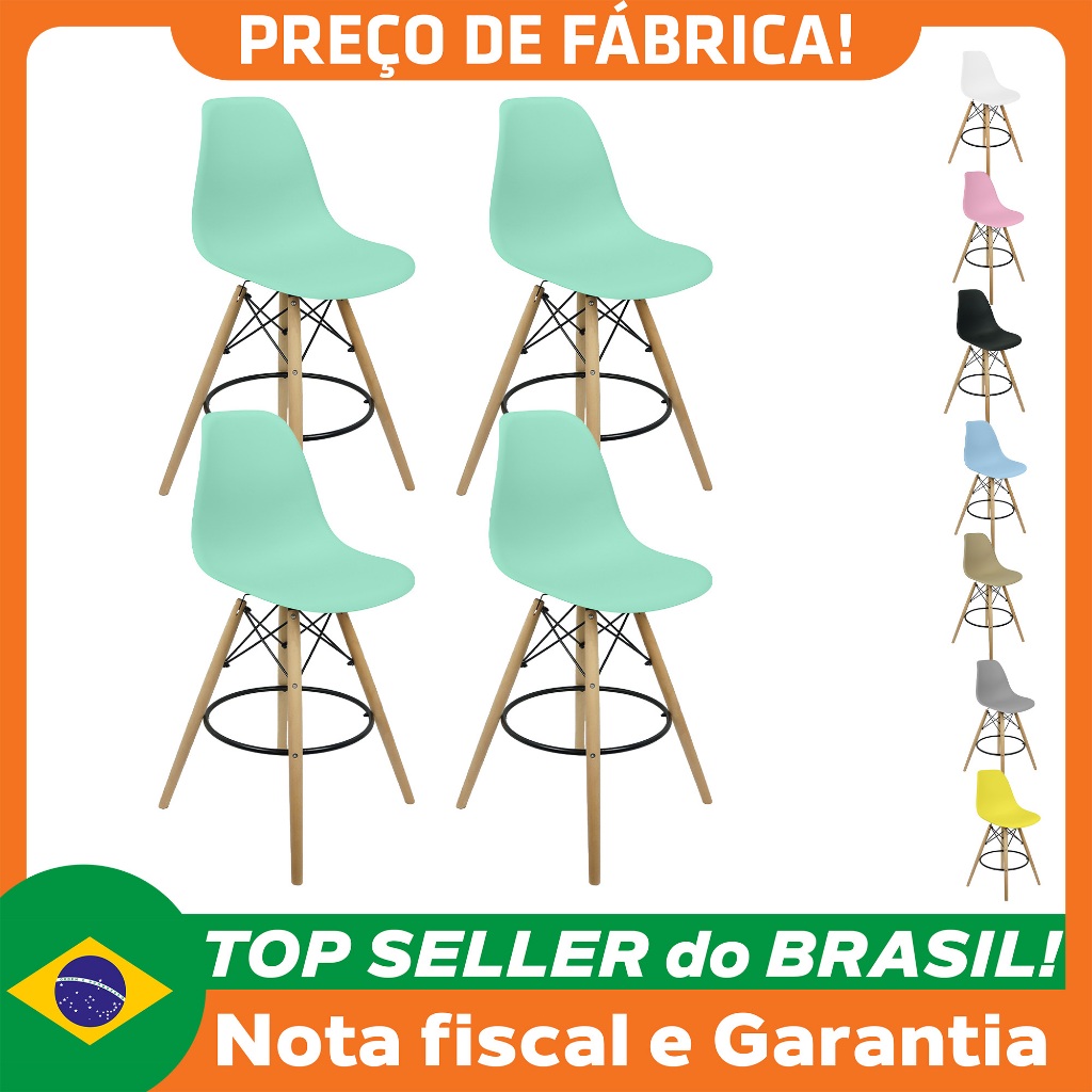 Kit 4 Banquetas Charles Eames Eiffel Wood Design Base Fixa Madeira