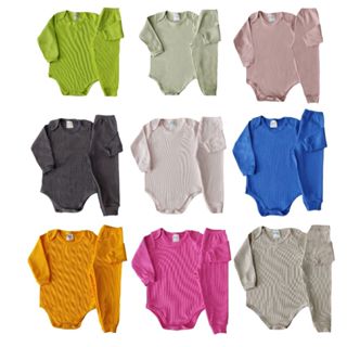 Kit 6 Peças Body Bebê Canelado inverno Longo 3 Body 3 Calças