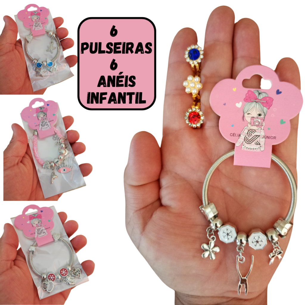 Kit 6 Pulseira Infantil + 6 Anéis Inf Com Regulagem Com Pingente Boneca/fruta/animal Tipo Pandora